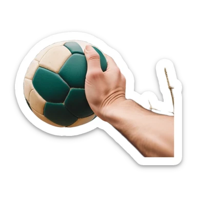 A close-up of a hand gripping a handball, with the goalposts visible in the background. The focus is on the texture of the ball and the strength of the grip, with the goal net slightly blurred to emphasize the anticipation of the throw. sticker
