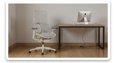 Editorial shot, Make this chair next to desk with mac setup, wooden modern floor, minimalistic room, contrast chair to wall, chair standing front to camera sticker