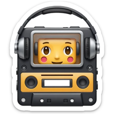 Classic Walkman emoji, Apple/WhatsApp style, front view, cassette window visible, wired headphones, soft gradients, cute proportions, no text, plain background. sticker