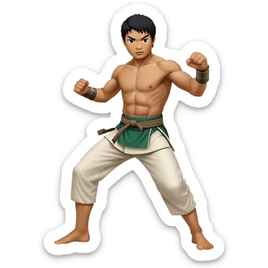 Tony Jaa – Cinematic Realistic Portrait of Tony Jaa, depicted as a dynamic martial arts warrior with intense eyes and a powerful stance in traditional Thai fighting attire, rendered in mid-motion with dramatic lighting and high-detail textures that capture his raw physicality and grace. sticker