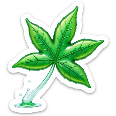 glossy green gusher gummy in the shape of a weed leaf with a bite taken out and liquid center visible sticker