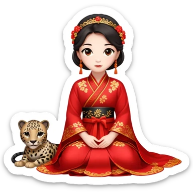 A beautiful girl in red Hanfu wedding dress sits on the ground holding a black leopard sticker