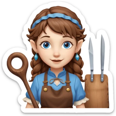 Kind happy whimsical quirky Girl toymaker, wood carving elf. Woodland creator. Blue eyes. brown hair (just below chin length) wavy hair & bangs. Whimsical playful cute sticker