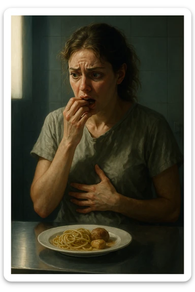 realistic illustration of a woman showing nervous hunger during menstrual cycle, posture and gestures suggesting desire to eat, clinical atmosphere, dramatic lighting, no text, vertical 2:3 format sticker