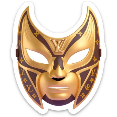 high fashion Louis Vuitton luchador mask with gold LV logos and luxury leather texture sticker