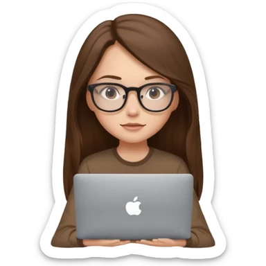 Girl in glasses,brown long hair, brown shirt, sitting with gray MacBook sticker
