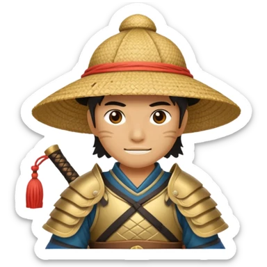 Samurai with straw hat, Warrior in armor holding wide hat sticker