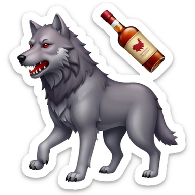 Dire wolf with a bottle of red whiskey sticker