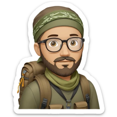 adventurer with goatee beard (no beard on cheeks), short hair, glasses, bandana on head and backpack, black shirt, olive backpack sticker