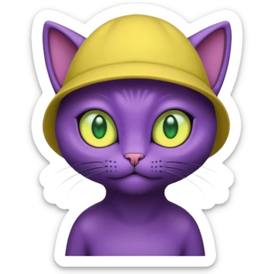 dark purple alien cat with no fur and yellow hat and big green eyes sticker