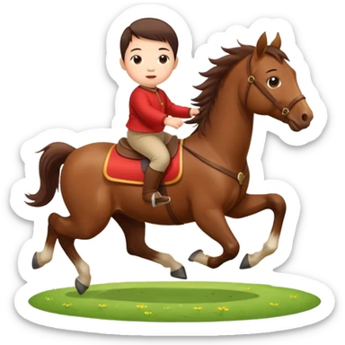 l little chinese baby riding on a  cute horse running really fast on the grass with 2026 year's label sticker