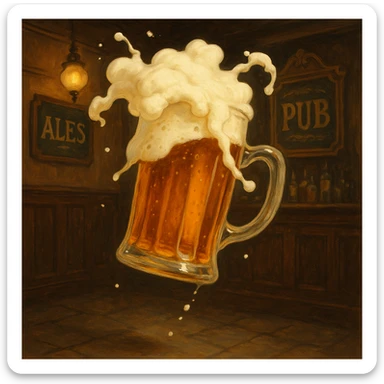 A pint of beer with foam spilling, floating in the air, whimsical and slightly surreal, traditional English pub theme sticker