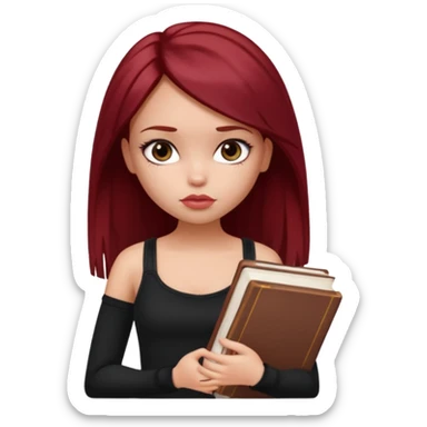 a pretty bratz fair girl with dark red straight hair, black cami top, looking sad holding books. looking sad sticker