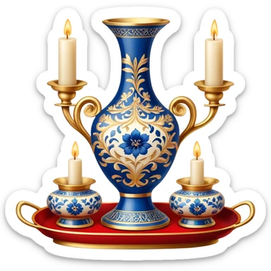 Metal painting icon, a combination of a metal vase, tray, and candlestick, each decorated with different techniques: Gzhel-style blue floral patterns, Chinese red and gold designs, and intricate Golden embroidery-style details. Visible fine paintbrush, paint pots, and accessories like porcelain palette, minimalistic style, clean lines, transparent background. sticker