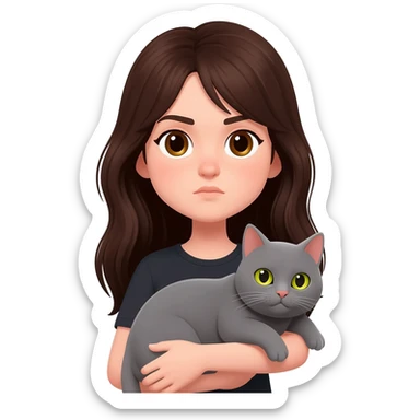 una chica con pelo castaña oscuro largo y ojos marrones con un gato gris de ojos amarillos casi verdes en brazos y los dos serios sticker