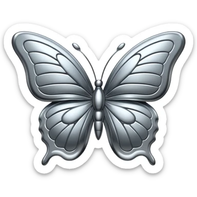 Liquid metal butterfly emoji, silver chrome material, iOS emoji style, smooth curves, reflective surface, elegant and minimal, white background sticker