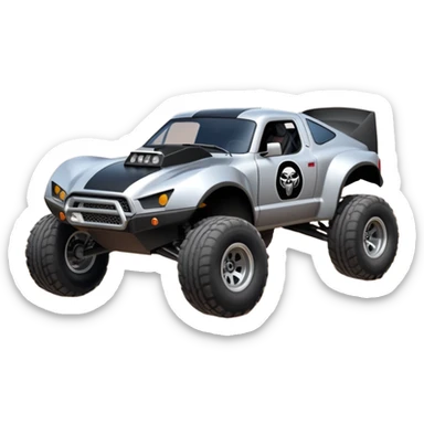 Satan’s and Vader (post race) Cabernet Dirty and dented Local Motors Rally Fighter off road race car hot rod trophy truck-style basher flying on a dusty road (silver wheels) sticker