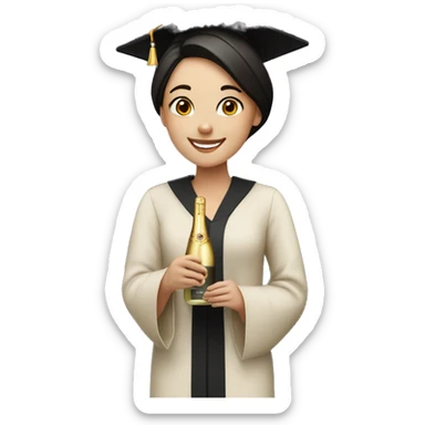 happy girl university graduate, with dark hair, fair skin, bottle of champagne in hands sticker