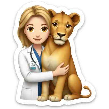 Female light brown hair veterinarian cuddling a lion sticker