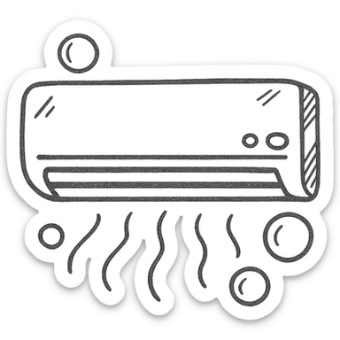 hand-drawn outlined icon of air conditioning cleaning, playful style, AC unit with bubbles sticker