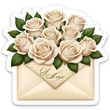 Ivory- beige colored love letter and a bouquet of white and pearl roses  sticker