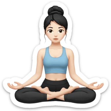 white girl with black long hair in a messy bun doing yoga sticker