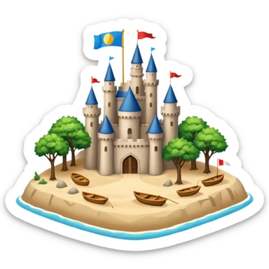 A huge island with trees boats and sand in the middle there is a huge beautiful castle sticker
