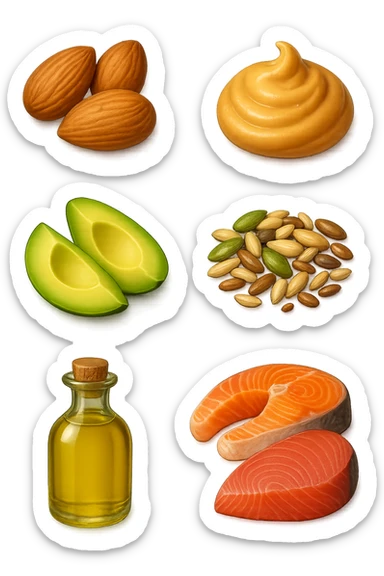 EMOJI STILE IPHONE DI
Frutta secca (mandorle, noci macadamia)
Burro di frutta secca (es. burro di arachidi)
Avocado (in piccole porzioni)
Semi
Olio extravergine d’oliva
Pesce grasso (salmone, tonno)
, fluttuano in aria REALISTICA 4K sticker