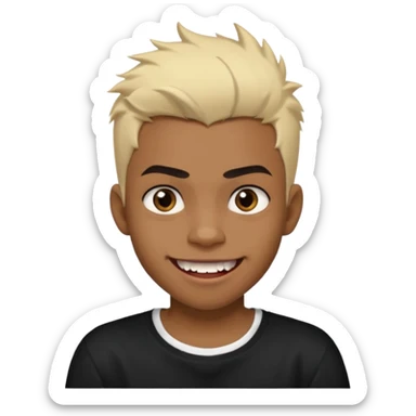 Black Male Teenager with Short punk messy blonde hair, Dark brown bushy eyebrows large expressive golden-brown eyes, wearing a plain white t-shirt, Dark Brown skin color. vampire tooth sticker