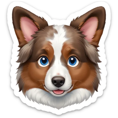 cute close-up of Australian Shepherd dog face, adorable expression, detailed heterochromatic eyes (one blue one brown), fluffy fur with merle pattern, expressive ears, sweet smile sticker