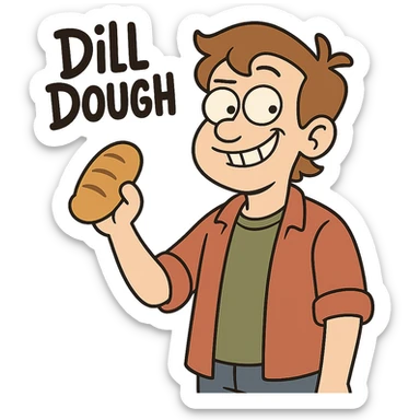 A playful cartoon character named Dill Dough with a mischievous smile, casual clothes, light brown hair, holding a bread roll, fun and lighthearted. sticker