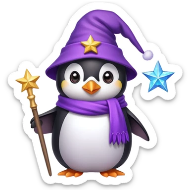 A cute penguin wearing a purple wizard hat and holding a magic wand with a star on the tip sticker