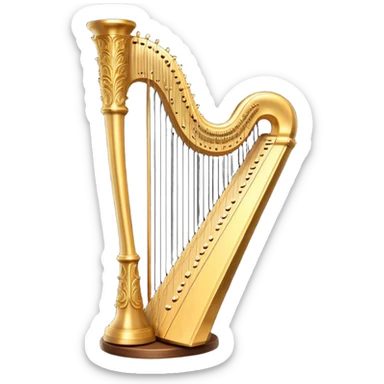 Cinematic Realistic Harp, a grand golden harp with intricately carved details, delicate strings shimmering under soft candlelight, rich wood tones adding warmth, a musician’s gentle fingers plucking a note, glowing with an ethereal and majestic aura. sticker