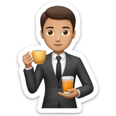 Generate boss image with cup of tea in hand and message as"Coming? sticker