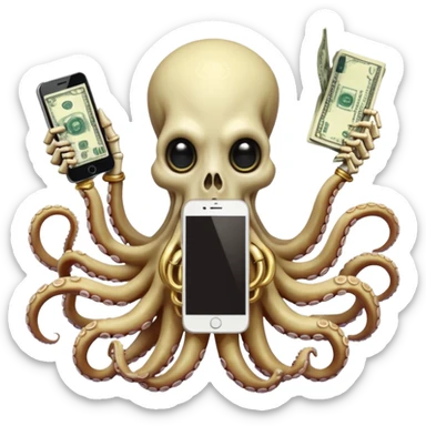 Intimidating octopus skeleton. Evil looking eyes, wearing a gold necklace. 3 tentacles are holding their own cellphone with one held to the side of its face as if its on a phone call, 2 other tentacles are holding stacks of money sticker