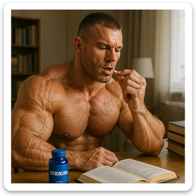 hyper realistic bodybuilder taking Citicolina during study, well visible muscles, blue bottle, books on table, text 'Focus e apprendimento', home environment, realistic details sticker