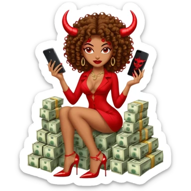 seductress evil brown curly haired sexy drug lord woman with clear glittery platform heels on her feet and devil red horns on her head, holding a stack of cash, has a phone in other hand sticker