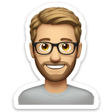 Caucasian man with short brown hair and short tight beard with wire rim glasses smiling sticker