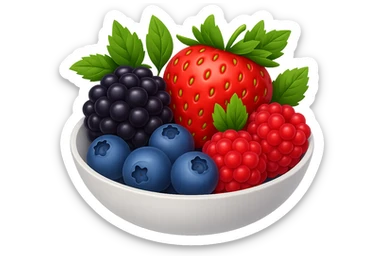 A bowl of blueberries, raspberries, blackberries, and strawberries, emoji style sticker