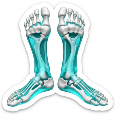 3D render of Foot Bones, X-Ray imaging aesthetic, translucent materials showing internal structure, top-down view of foot bones in cyan glow, medical scan style, emoji style, isolated on white background --v 6.0. sticker