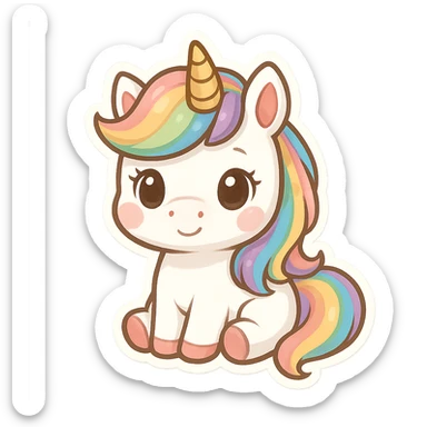 chibi sticker-style unicorn with a rainbow mane, cute and exaggerated sticker