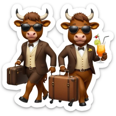 generate an emoji of a group of up to 8 male and female bulls travelling together on holidays. One bull has a suitcase, one has sunglasses, one is carrying a cocktail. They're all in motion, walking together. Make the characters look like bulls sticker
