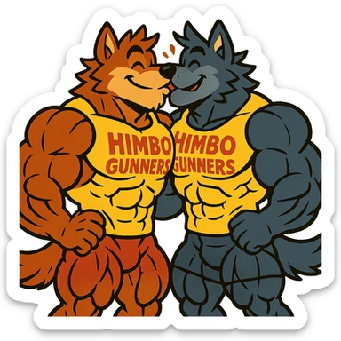 pair of ultra-muscular wolf furries wearing 'Himbo gunners' t-shirts, kissing, cheerful and energetic, very large, defined, and detailed muscles, ultra high quality sticker