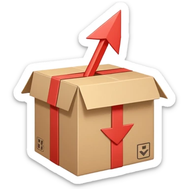 Minimal line-art icon of a shipping box with an arrow going up or a price tag, simple modern style, clean outlines, slightly 3D, no background, transparent, represents “reselling / e-commerce / flipping items” sticker