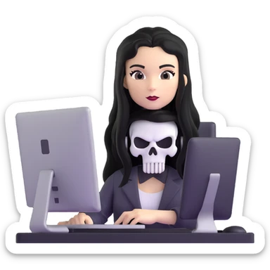female Punisher skull character with long black hair working on computer sticker