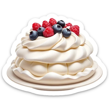 Cinematic Realistic Pavlova Dessert Emoji, showcasing a delicate meringue dessert topped with fresh fruit rendered with lifelike texture and soft natural lighting. sticker