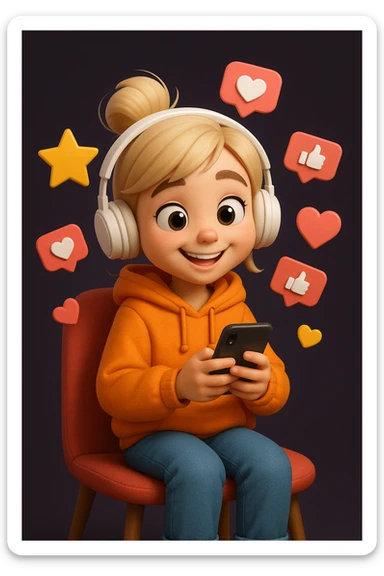 Create a detailed Generation Z girl character in a cartoonish 3D style with a happy expression, wearing an orange hoodie, sitting on a red chair, holding a smartphone in her hands and surrounded by floating icons of stars, likes and hearts.
The character should have stylised light hair, large expressive eyes, white on-ear headphones and a soft, expressive Pixar-style look.
Depict the character in full, centred in the frame, with even studio lighting, soft shadows
and a clean dark purple background for contrast. sticker