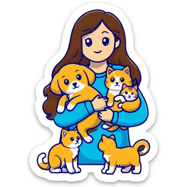 Beautiful woman with long brown hair holding a golden retriever and three cats sticker