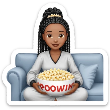 A dark-espresso skinned Black woman with black box braids, holding a large bowl of popcorn in her lap, smiling, wearing comfy loungewear sitting on couch. sticker