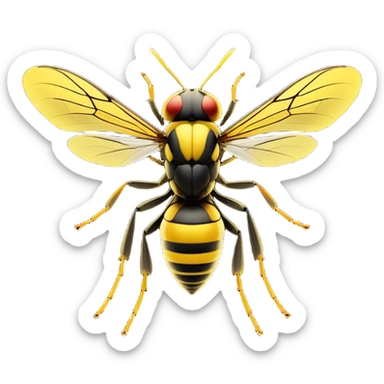 Cinematic Noble Wasp Portrait Emoji, Poised and formidable, with a sleek, slender body in bold yellow and black hues, angular, translucent wings and sharp, focused eyes exuding determined intensity, Simplified yet strikingly defined features, highly detailed, glowing with a cool, assertive radiance, high shine, intelligent and vigilant, stylized with an air of natural precision, focused and alert, soft glowing outline, capturing the essence of a watchful wasp that appears ready to buzz out of the screen with commanding presence! sticker